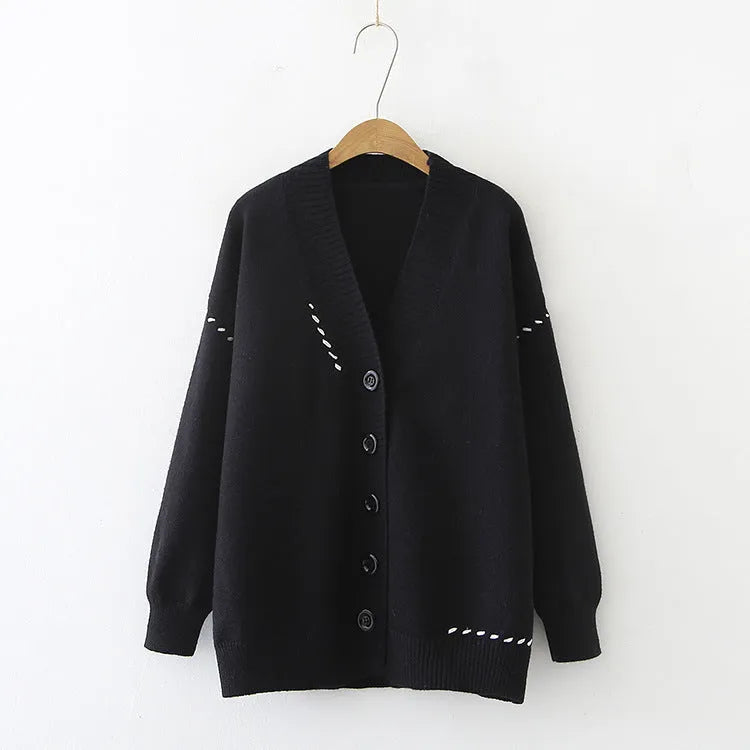 Women's loose fit knitted cardigan coat in black solid colour with long sleeves