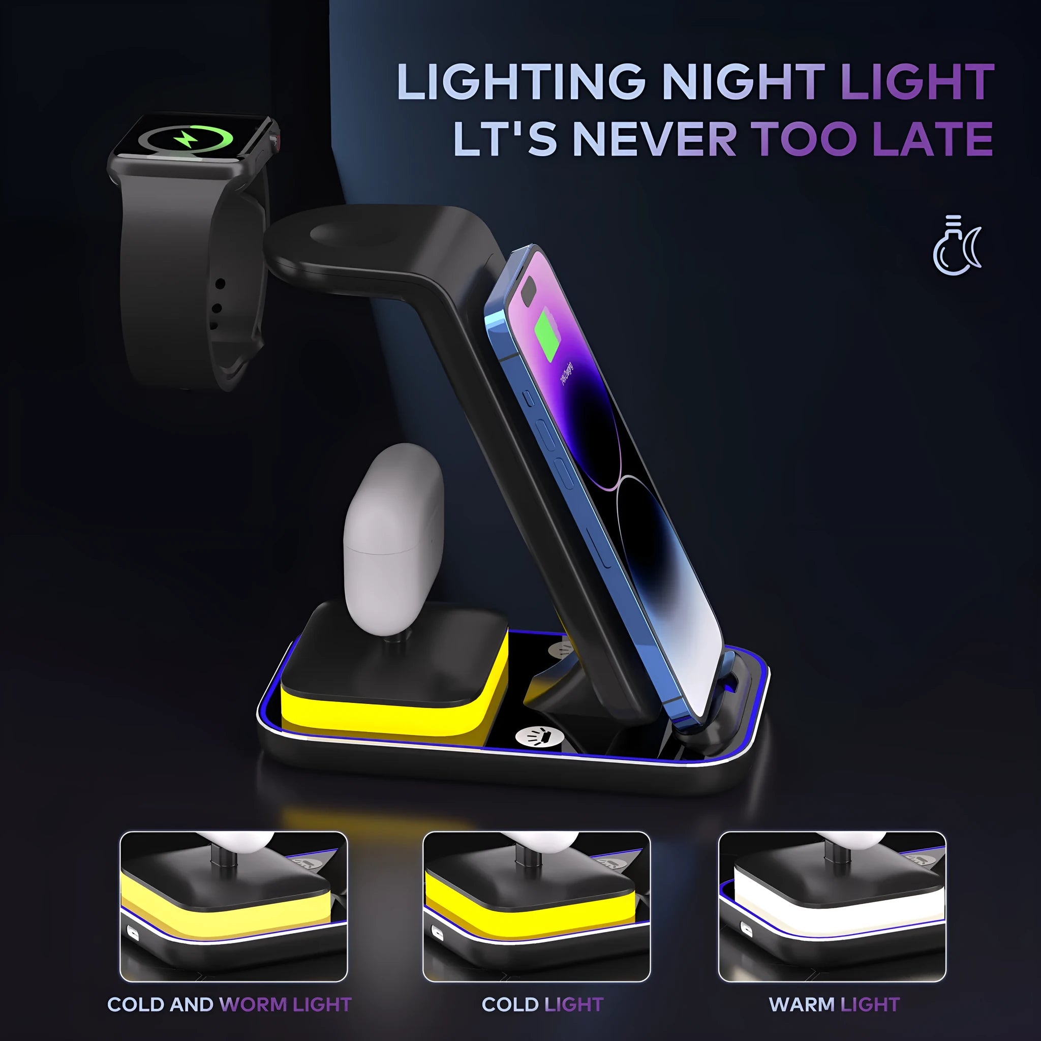 Black vertical wireless charging station with phone, Apple Watch and AirPods charging simultaneously