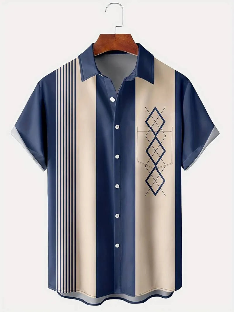 Man wearing a loose-fit plaid short-sleeved cardigan shirt with a lapel collar.