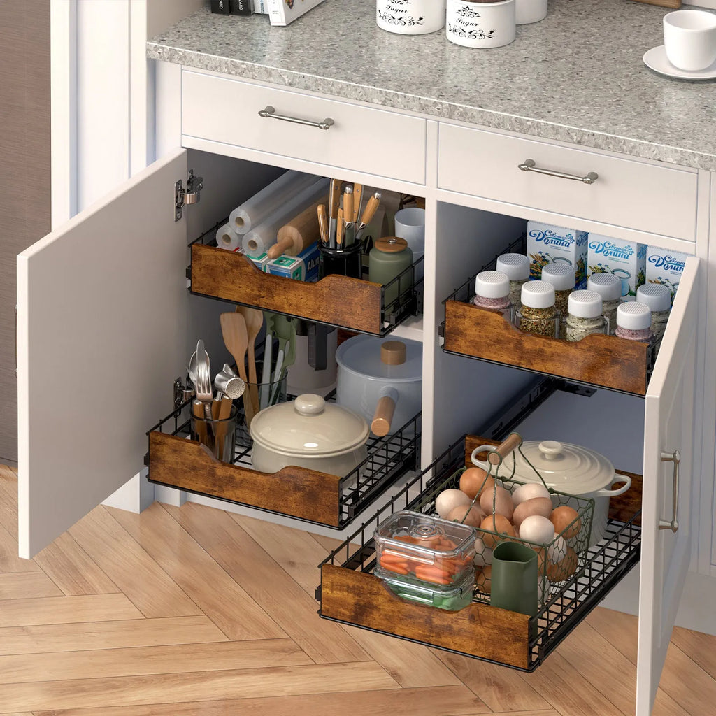 Black wooden and iron household storage basket drawer with pull basket mechanism