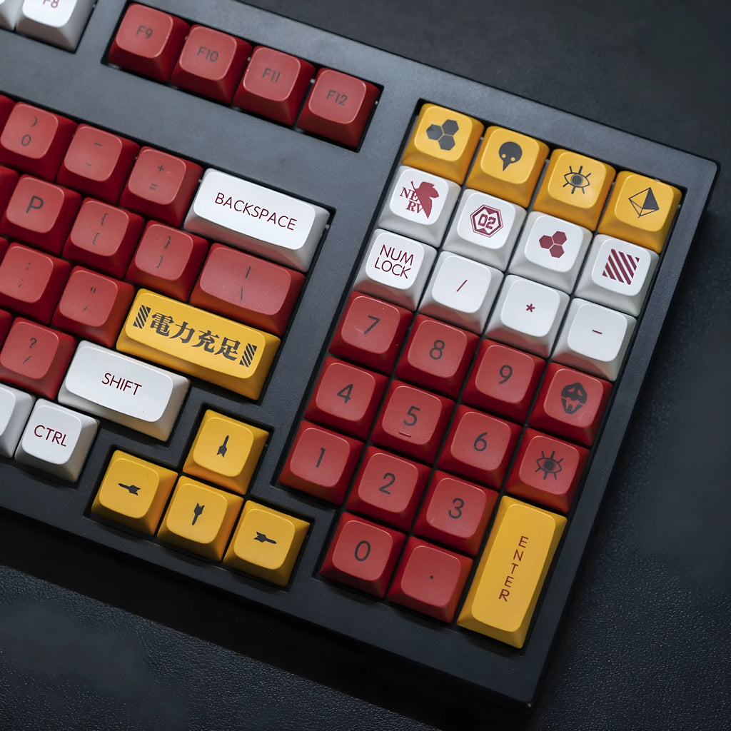 Set of 138 PBT sublimation printed key caps for a mechanical keyboard on a desk.