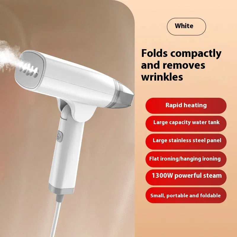 Blue and white handheld garment steamer with hanging mechanism and 1300W power rating