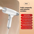 Blue and white handheld garment steamer with hanging mechanism and 1300W power rating