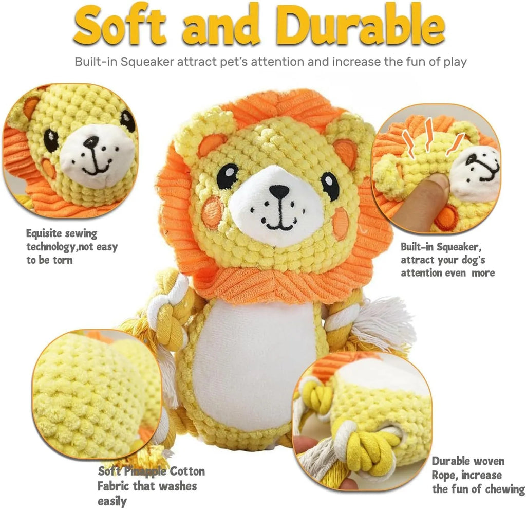 Lion and monkey plush squeaky dog toys side by side, showcasing two different designs in the bundle.