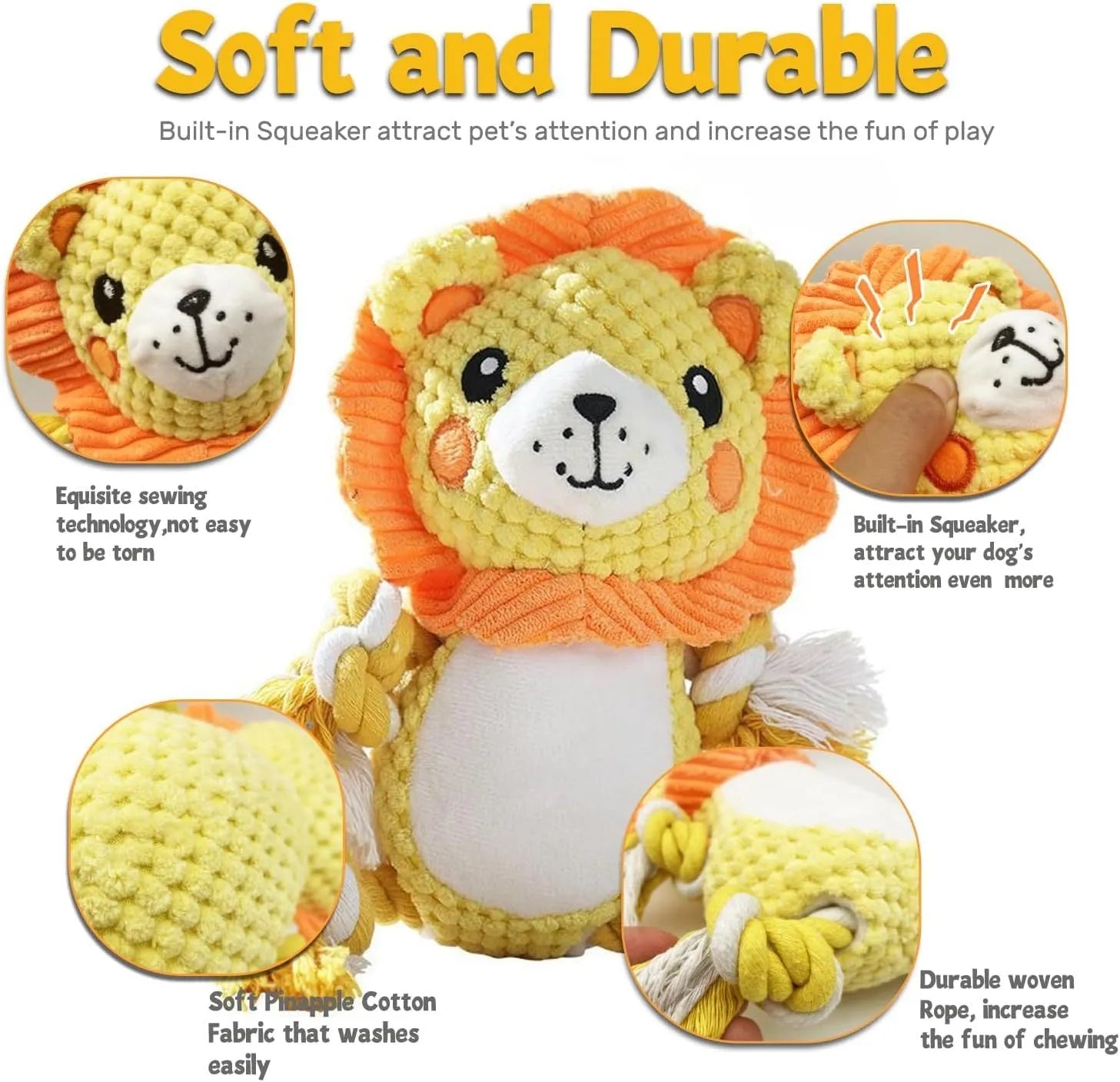 Lion and monkey plush squeaky dog toys side by side, showcasing two different designs in the bundle.