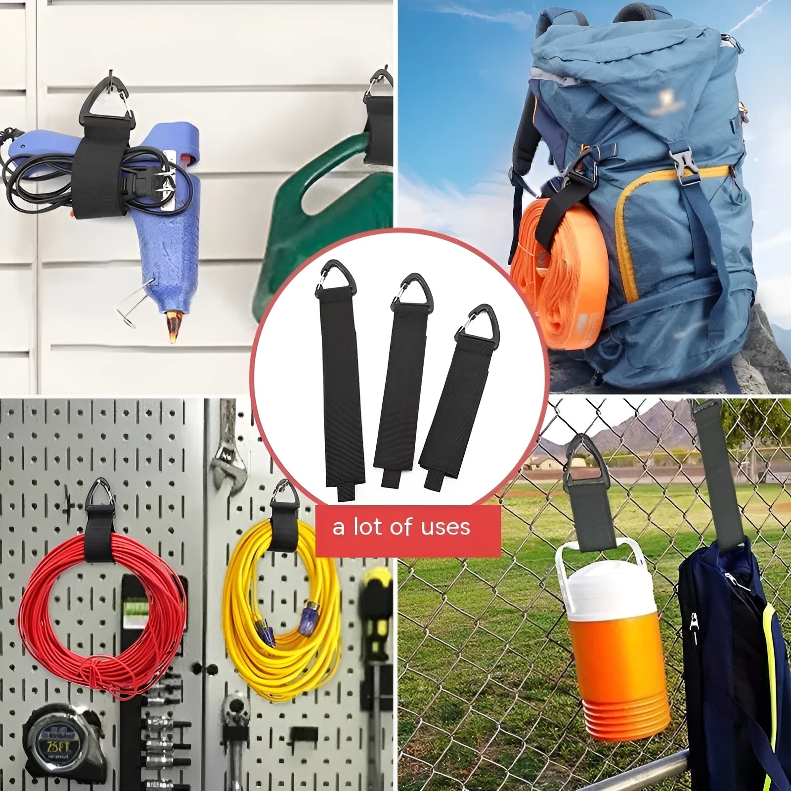 Black heavy-duty carabiner climbing button storage strap hook in three size options.