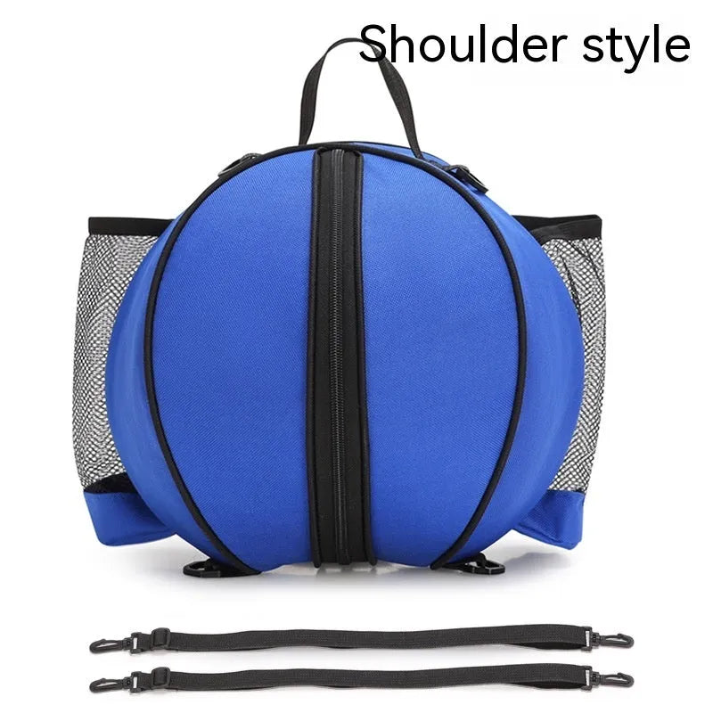 Black Oxford cloth basketball training bag with a single shoulder strap, shown next to a basketball.
