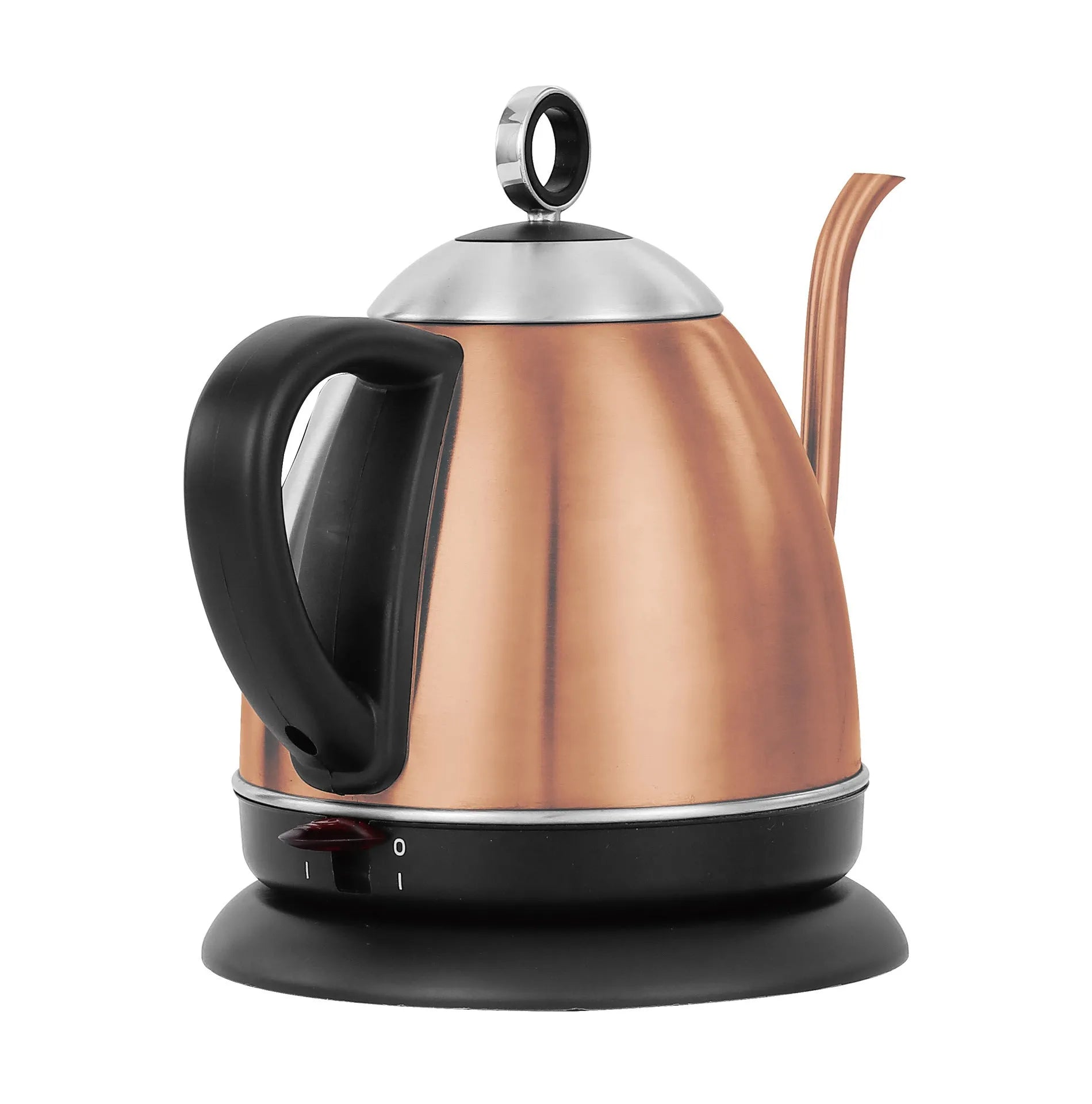 Gold automatic stainless steel kettle with touch controls and 1-litre capacity on a kitchen counter.