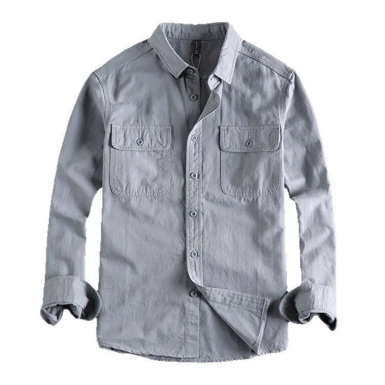 Men's loose fit long sleeve cardigan-style shirt in light grey, made from polyester fibre.