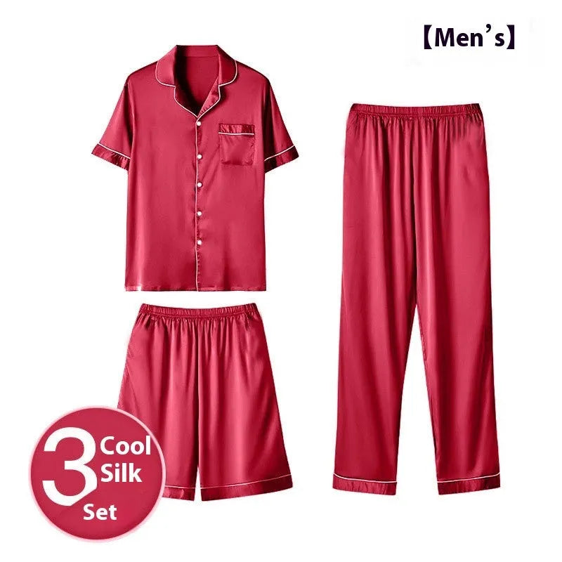 Men's ice silk three-piece homewear set in multiple colours showing top, shorts, and trousers for lounge wear