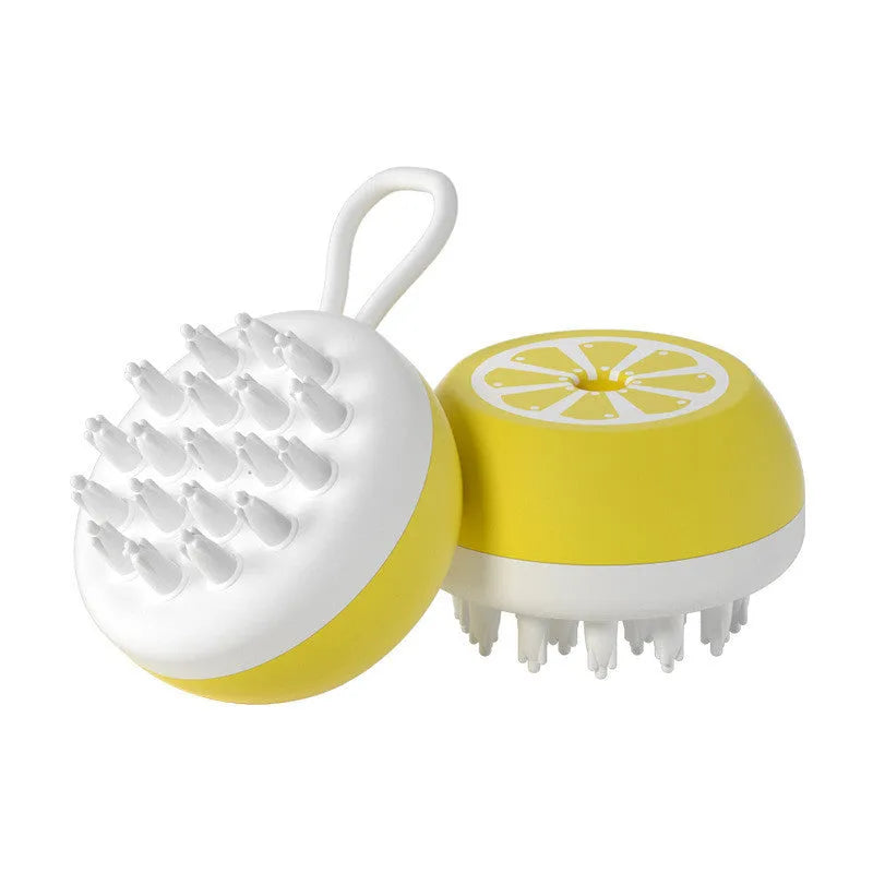 Yellow silicone pet bath brush with 2-in-1 comb design for dog and cat grooming