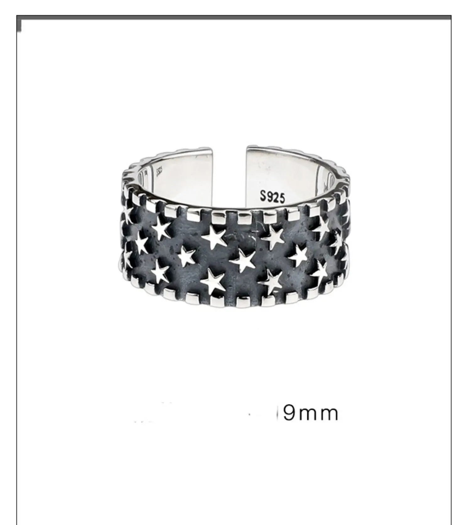 Pure silver multi five-pointed star ring with adjustable opening on a finger