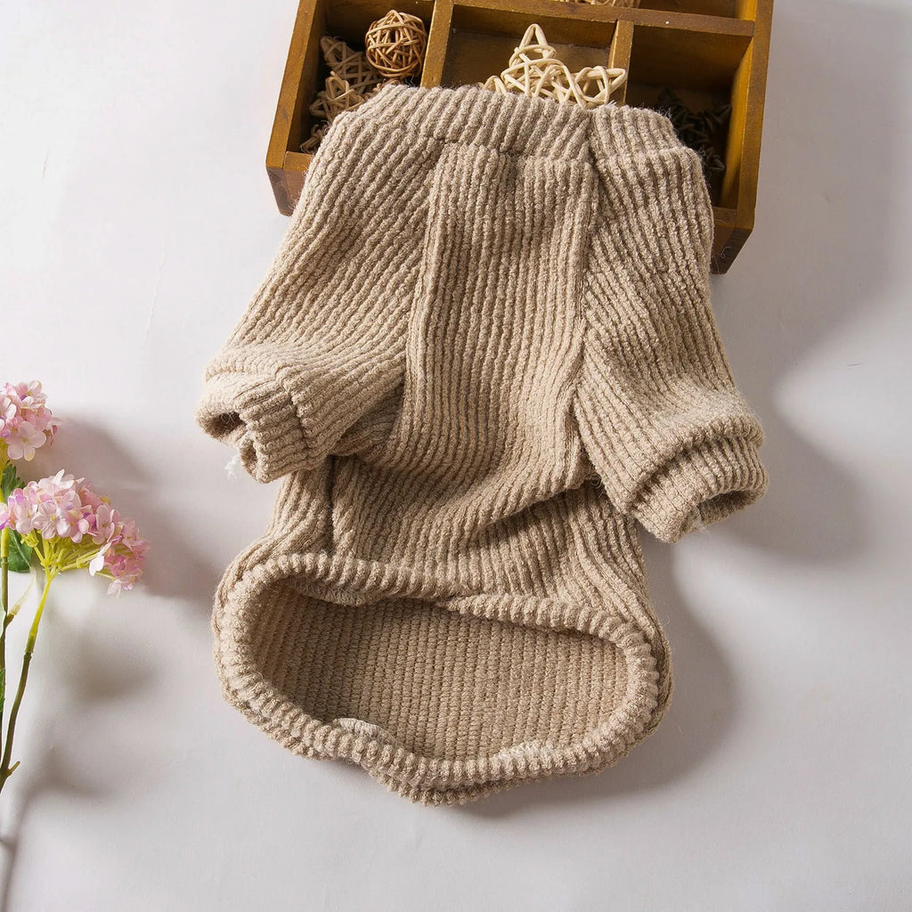 Brown knitted dog sweater pullover for small breed dogs on mannequin