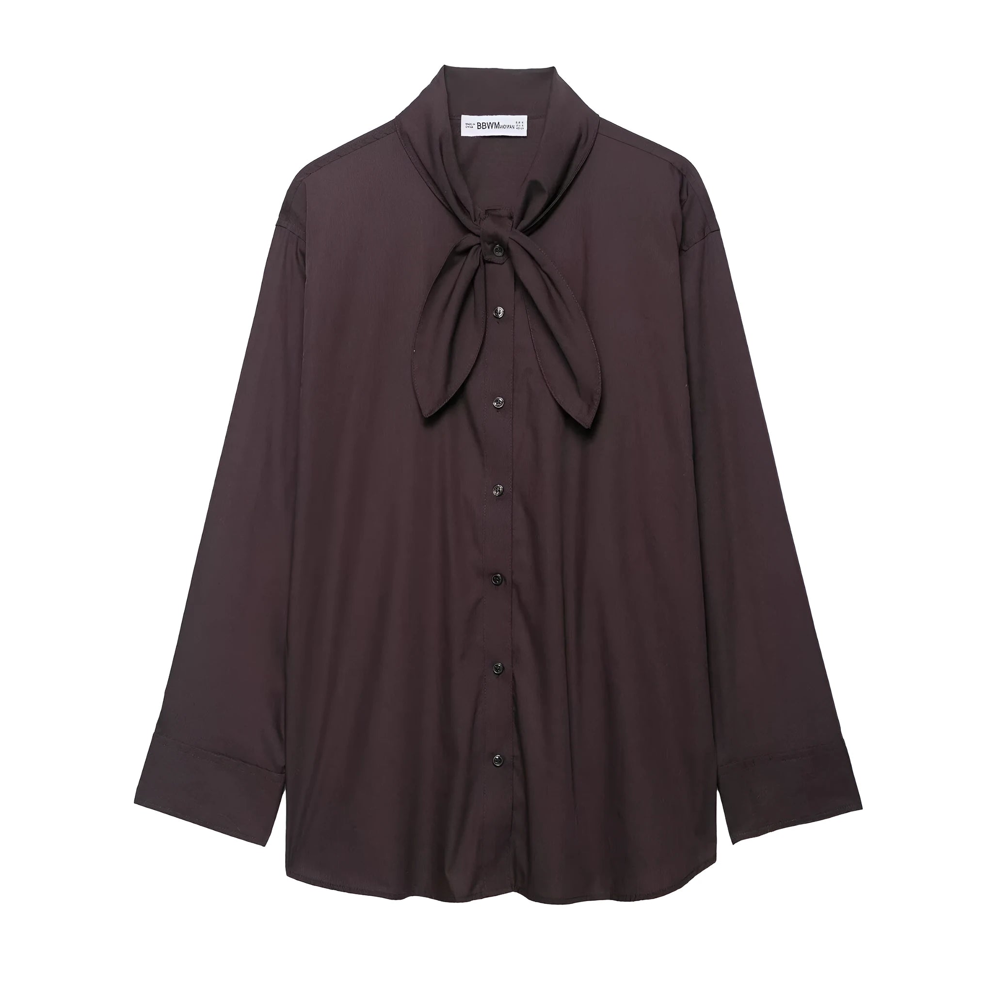 Brown women's loose-fit poplin shirt with long sleeves, cardigan style, and a bow tie detail.