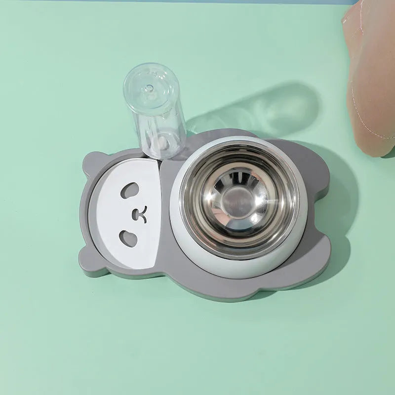 Grey panda-shaped automatic water bowl for cats with tilted feeding design and 17 oz water bottle