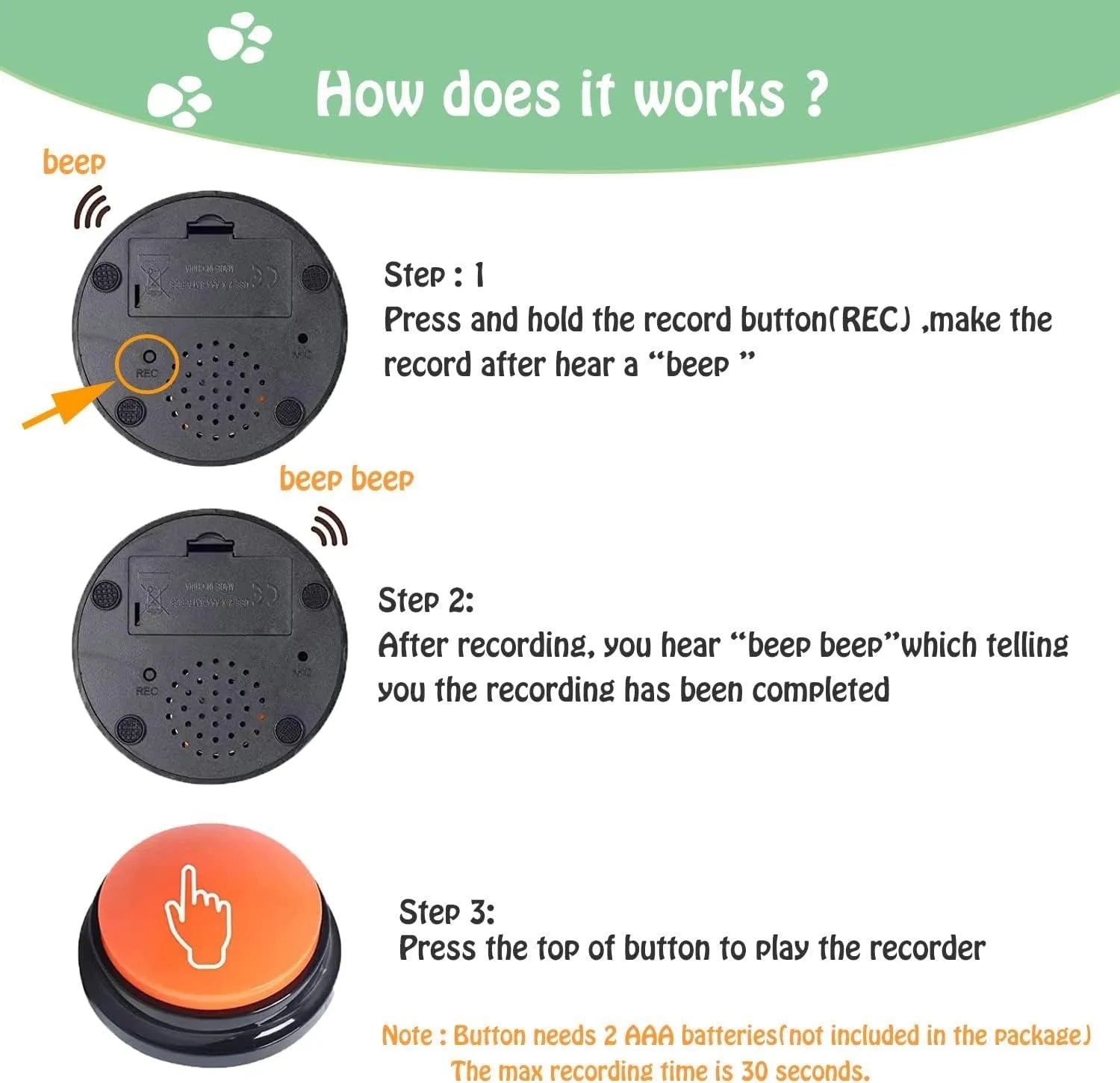 Voice recording pet training buzzer in five colour options for 30-second audio playback