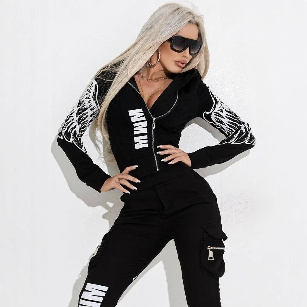 Women's black wings printing hooded street suit with matching trousers, zipper front, and long sleeves