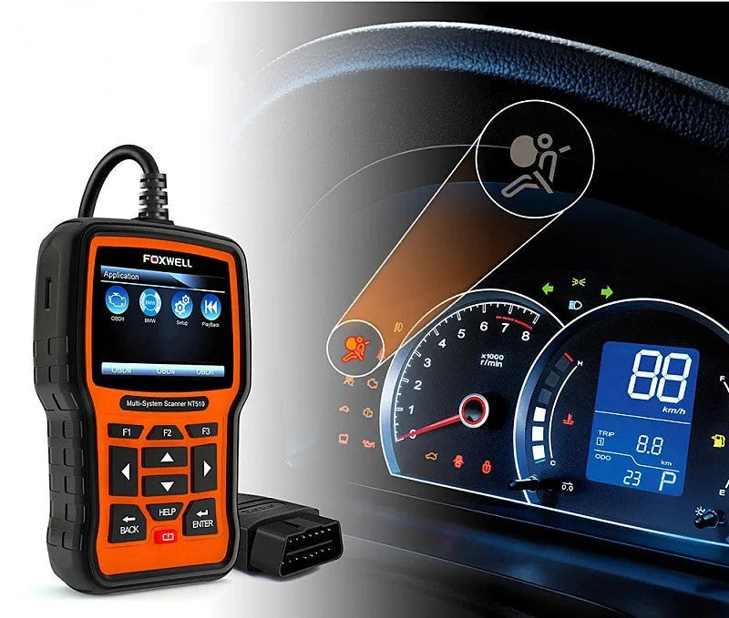 Orange and black Foxwell NT510 automotive OBD2 diagnostic scanner with data cable