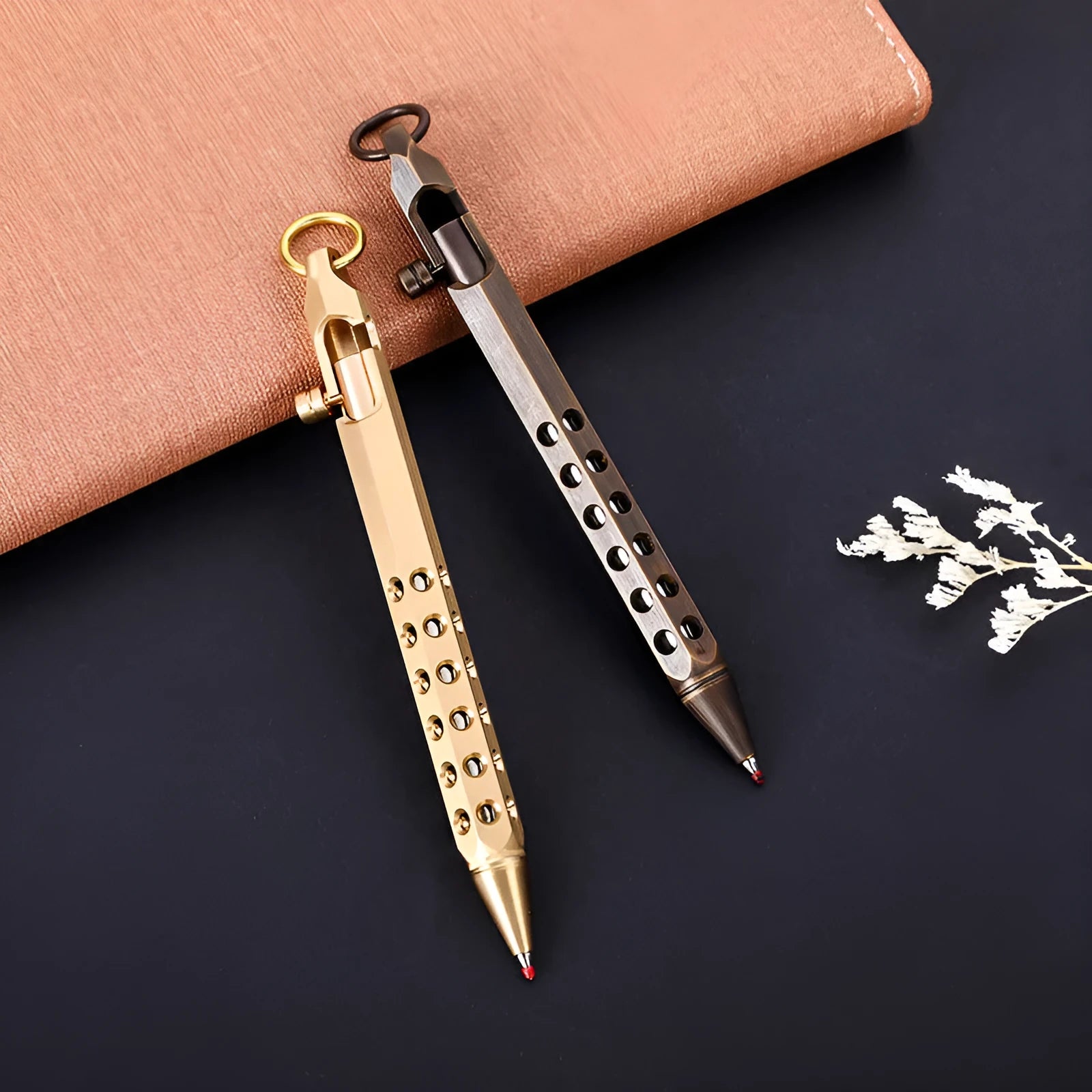Retro brass hexagonal bolt pen with six-angle barrel design showing 13cm length and brass construction