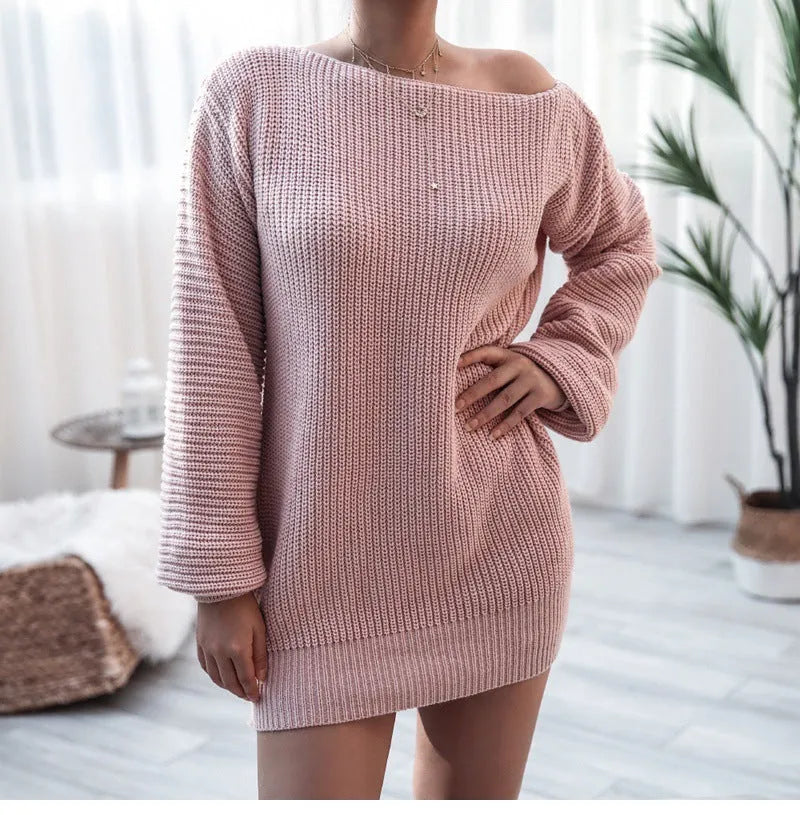 Women's knitted dress with lantern sleeves and off-shoulder neckline in solid colour