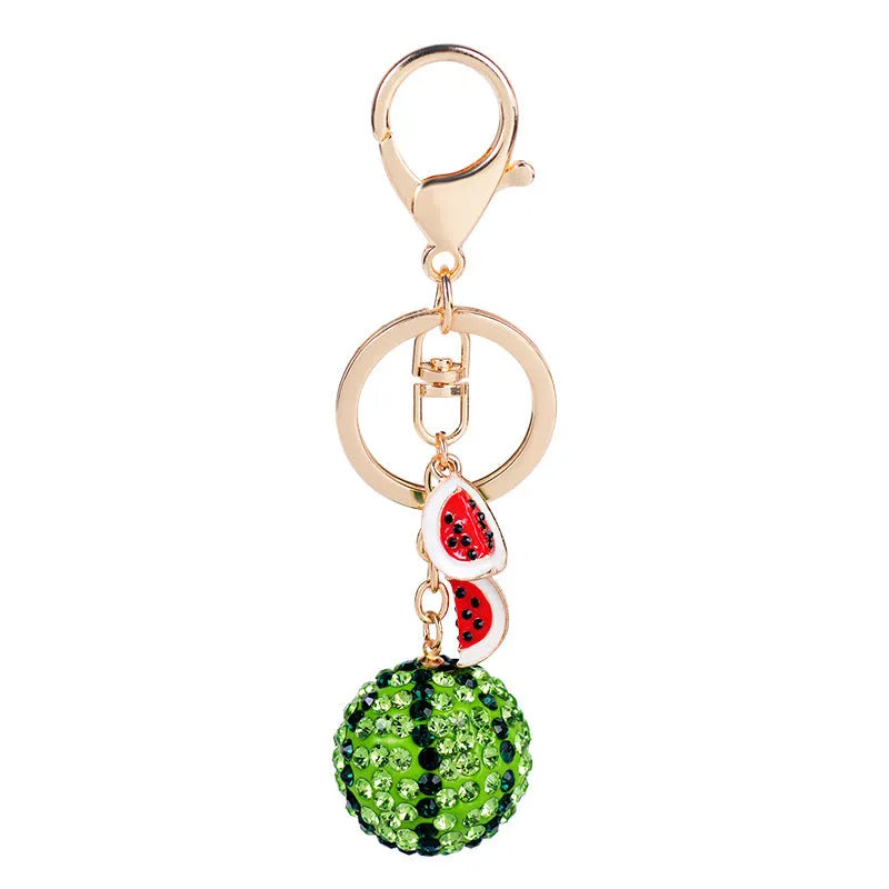Green watermelon-shaped zinc alloy keychain measuring 12cm with keyring.