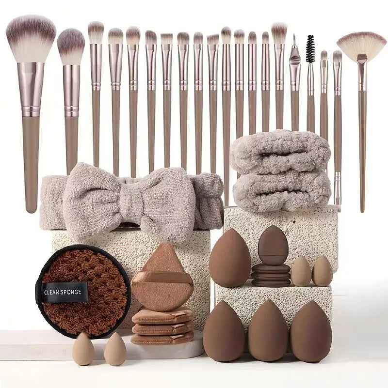 Beauty tools combination suit with hydrophilic non-latex sponge applicators in brown, pink and purple colours