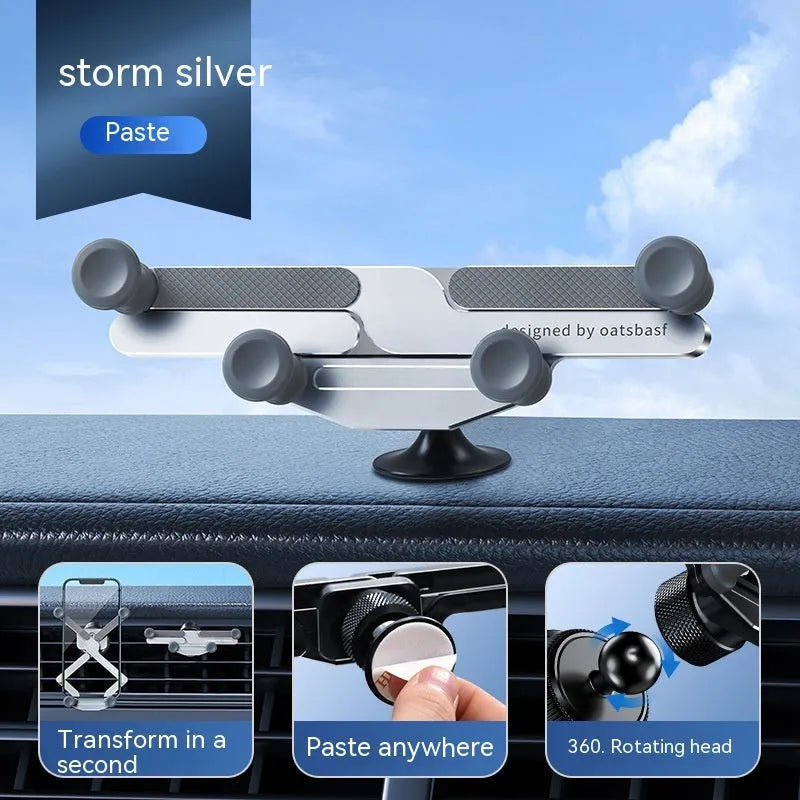 Aluminium alloy snap-on car phone holder shown in black, mounted on a car air vent.