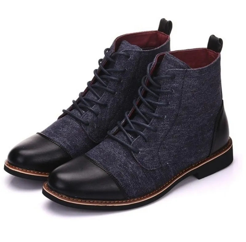 Men's leather boots with belt buckle details and rubber soles in European styling