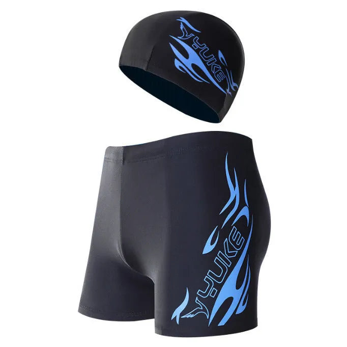 Men's plus size boxer swimming trunks in blue fire pattern design with elasticated briefs style