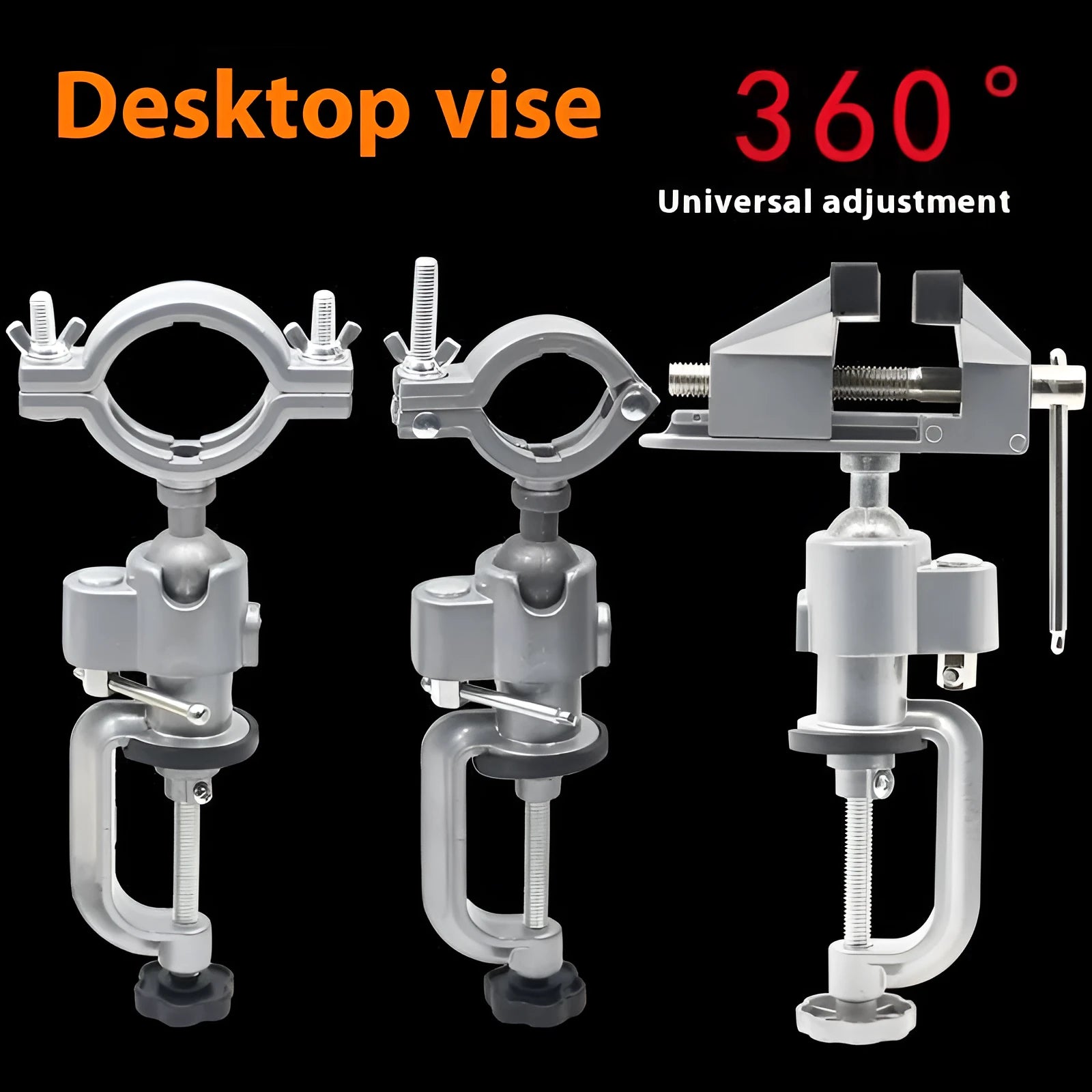 Small clamp-on bench vise with a 360-degree rotating tungsten steel head on a workbench edge.