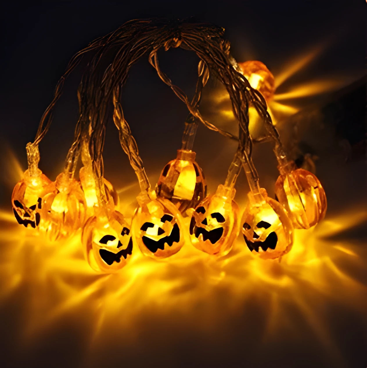 Halloween pumpkin LED string lights with ghost and bat decorations