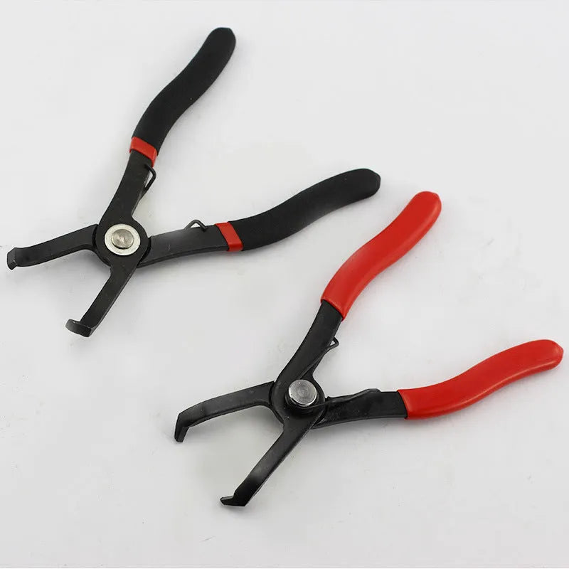 Red handled round nail removal pliers with adjustable jaws for door panel fasteners.