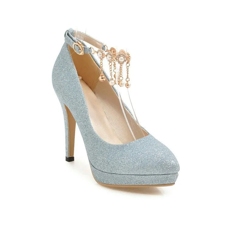 Blue women's platform high heel with stiletto heel and pointed toe on a plain background.