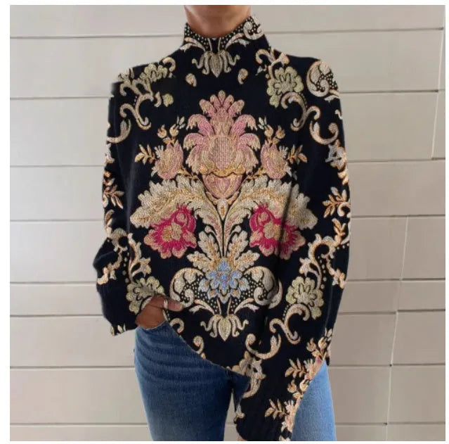Black 3D pattern printed turtleneck loose fit sweater on a hanger