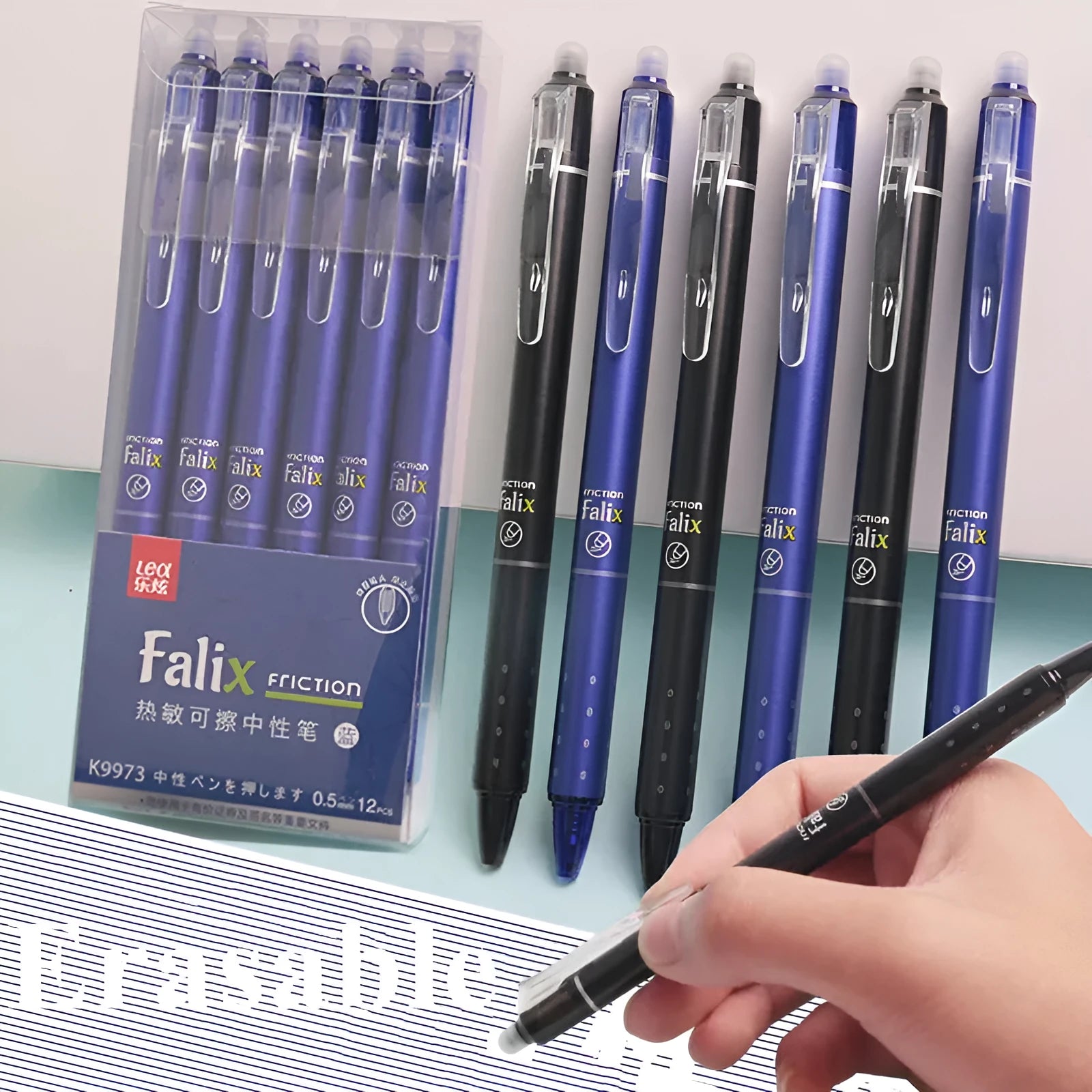 Hot erasable push gel pen with 0.5mm tip, plastic body, and push-button mechanism.
