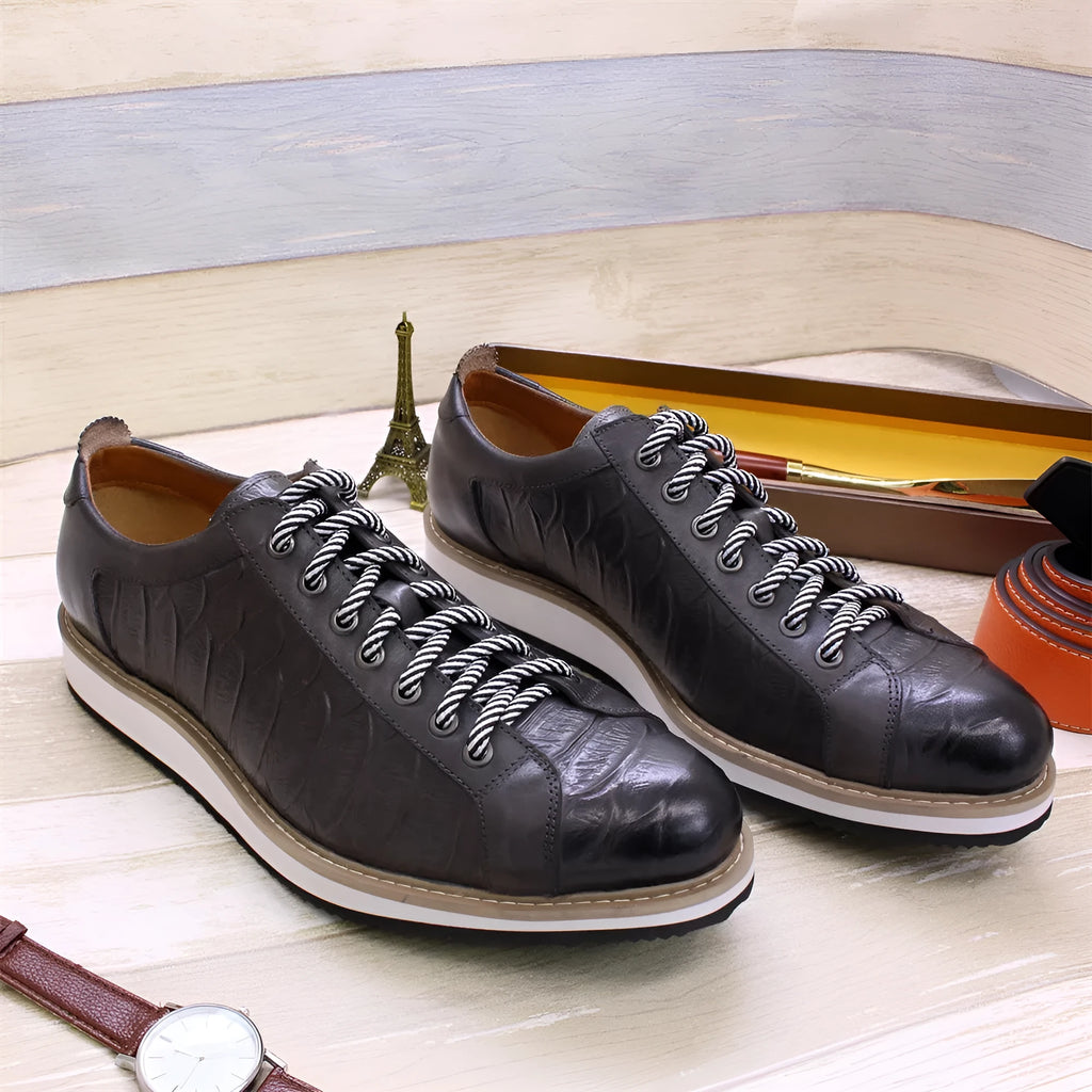 Men's embossed pattern canvas shoes with front tie closure in low tube height design