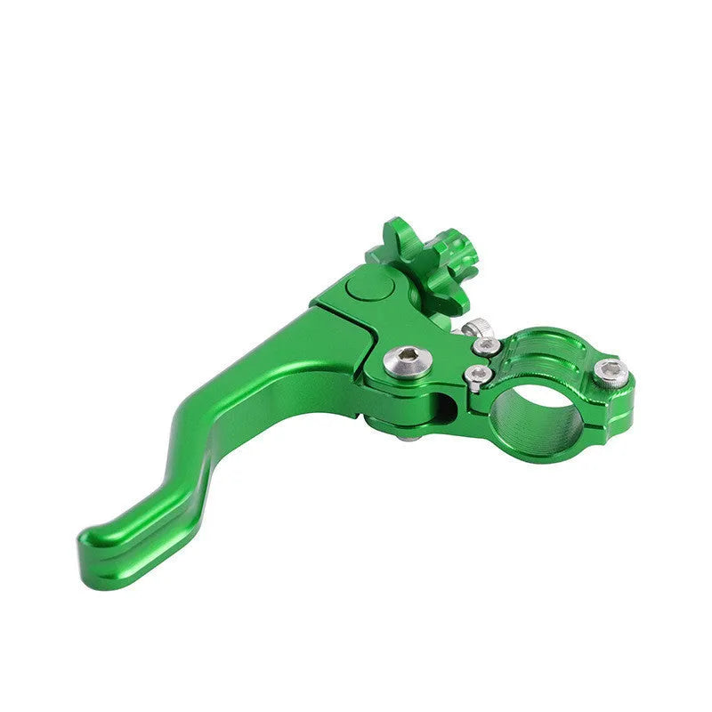 Aluminium two-finger motorcycle clutch lever in selected colour on bike.