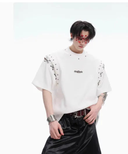 Short sleeve T-shirt with lace-up cutout design in black or white colour options