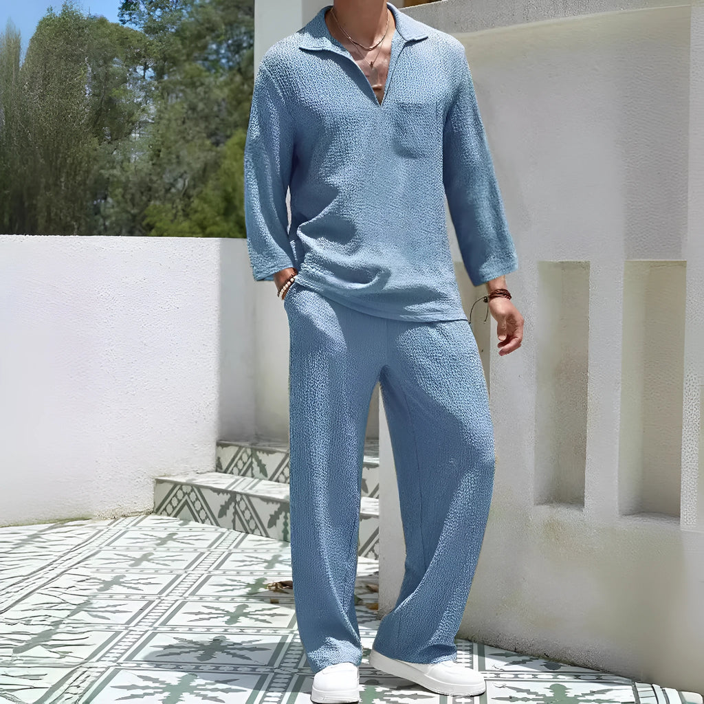 Men's casual shirt trousers suit in polyester fabric available in four colours for autumn leisure wear