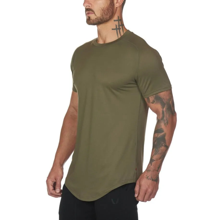 Men's plain cotton-spandex gym t-shirt shown in army green, black, and white, some with optional letter print.
