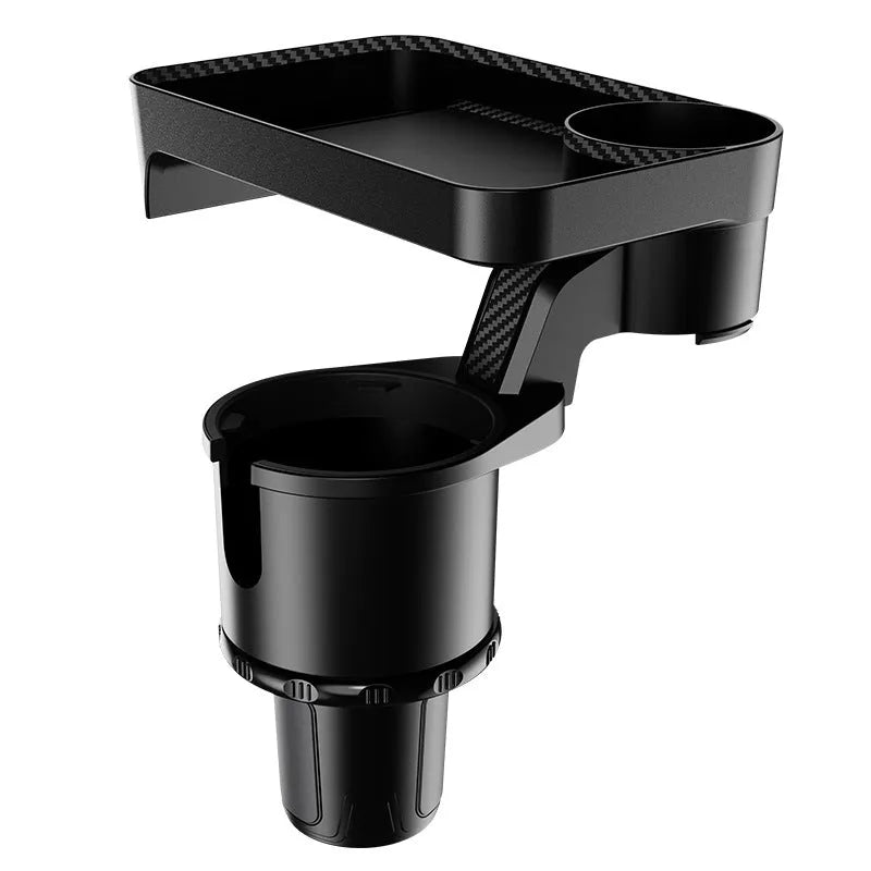 Black ABS rotating car tray holder showing cup holder and dinner plate attachment mounted in vehicle