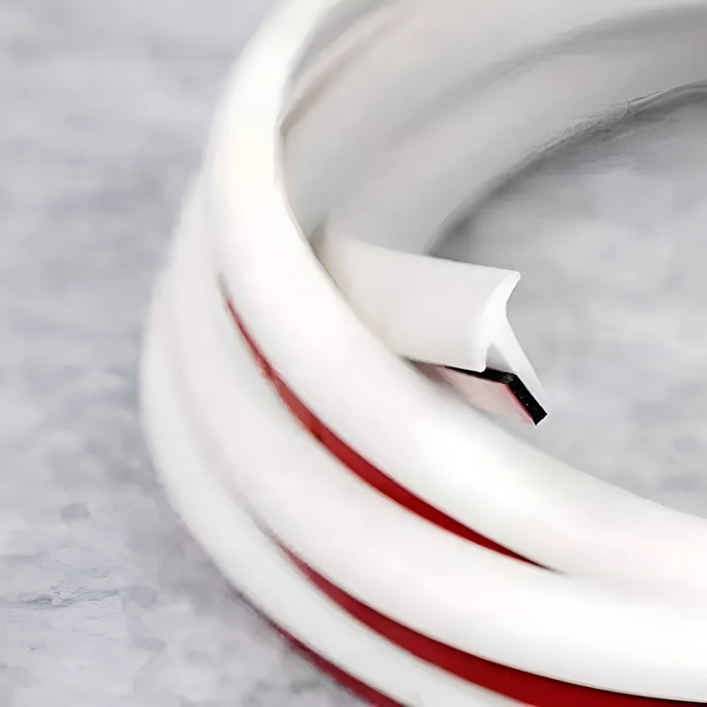 TPE rubber seal strip gap filler in black and white colours showing 5-metre roll and single metre length options