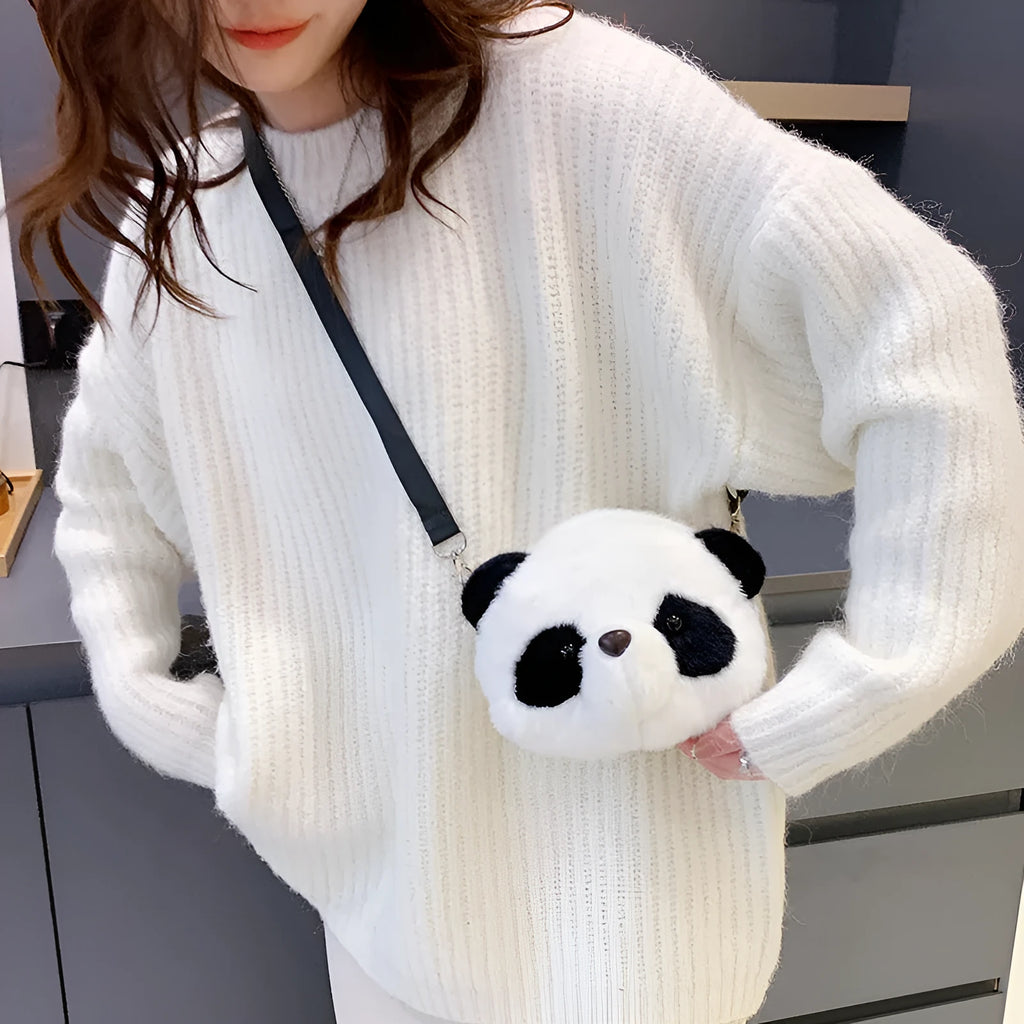 Soft plush cylindrical crossbody bag with panda head design, showing sandwich pocket.