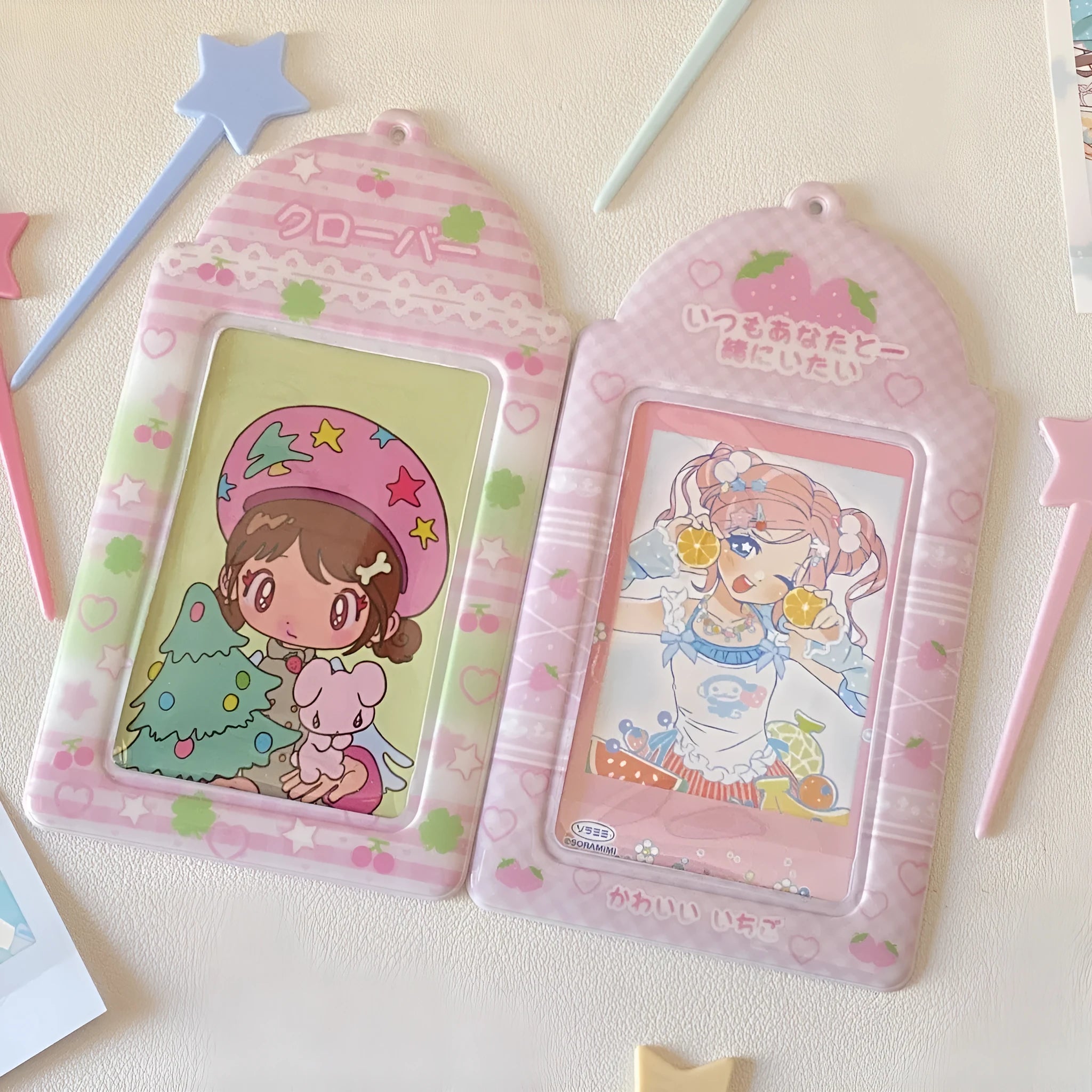 Cartoon plaid strawberry and four-leaf clover PVC student meal card holder with card sleeve