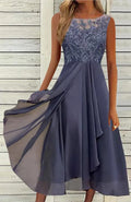 Women's sleeveless chiffon dress with lace hollow-out detail in blue, green or purple colours