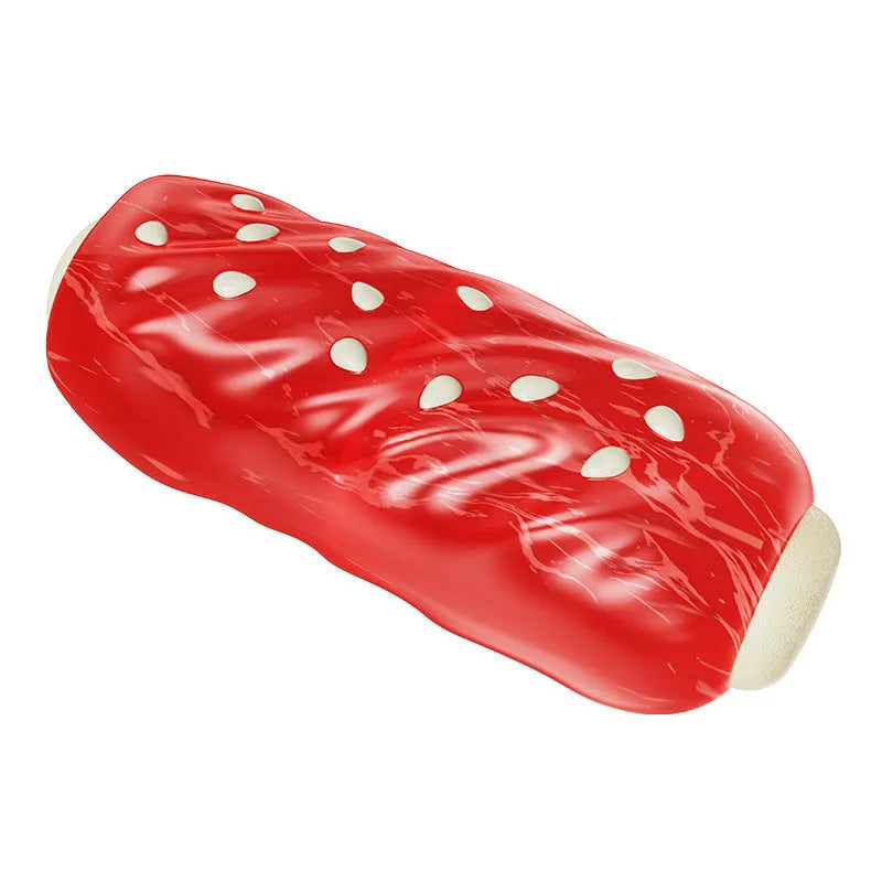Primary colour plastic dog toy shaped with a molar rod for holding treats