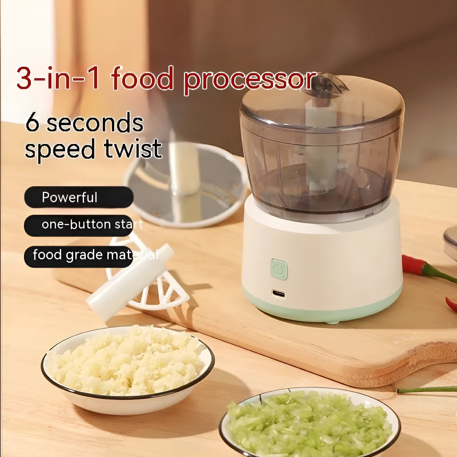 White and light green mini electric meat grinder with transparent cup and stainless steel blades
