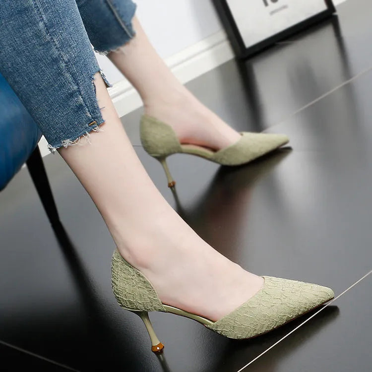 Women's black pointed-toe stiletto high-heel shoes with a PU leather upper and 6-8 cm heel