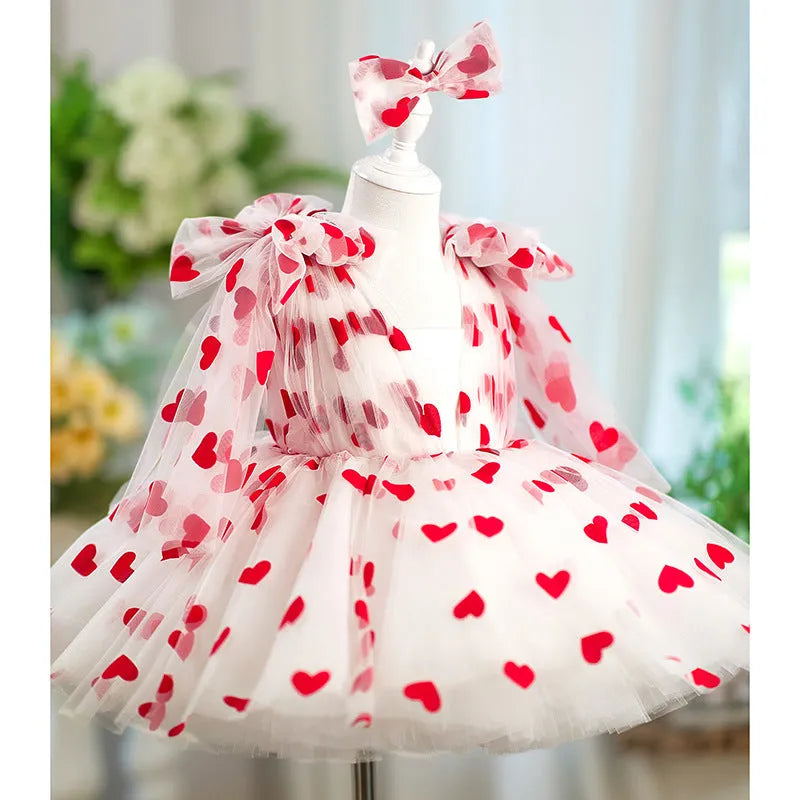 Children red love princess dress gown with heart print