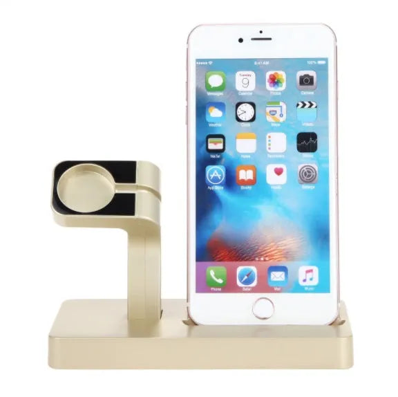 White 2-in-1 charging dock station holding an iPhone and an Apple Watch on a desk.